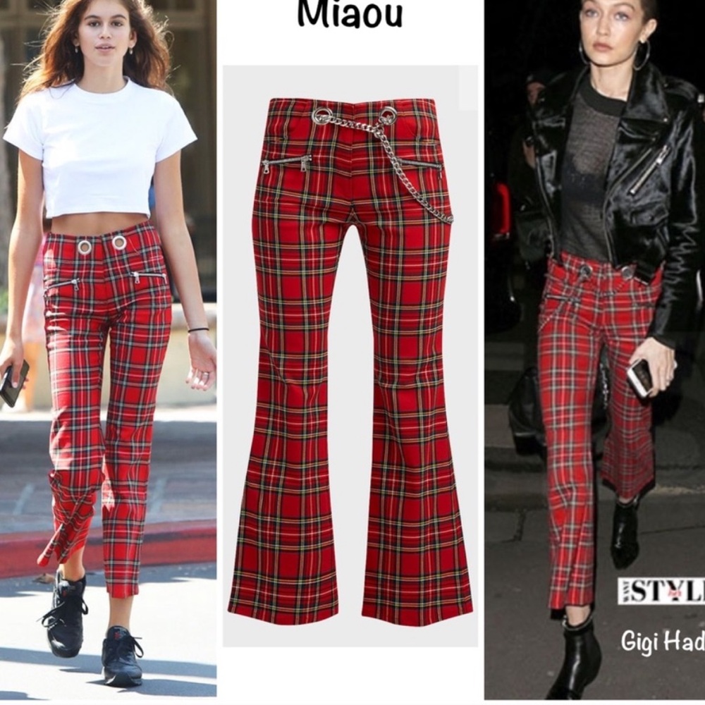Miaou Morgan Red Tartan Plaid High Rise Cropped Flare Pant W Chain Belt Size 25 - Picture 6 of 9